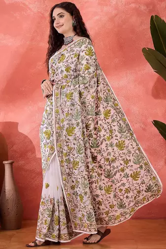 White embroidered saree with blouse piece