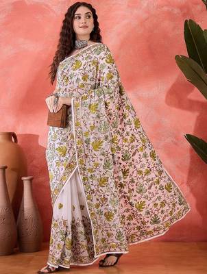 White embroidered saree with blouse piece 4