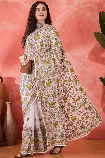White embroidered saree with blouse piece