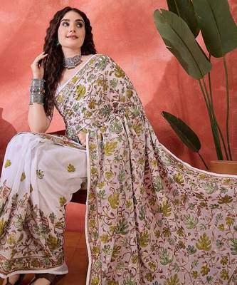 White embroidered saree with blouse piece 5