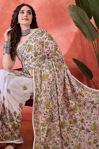 White embroidered saree with blouse piece