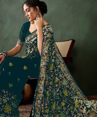 Teal embroidered saree with blouse piece 1