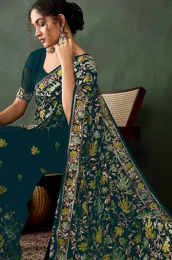 Teal embroidered saree with blouse piece