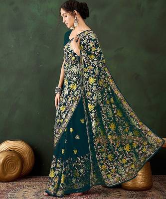 Teal embroidered saree with blouse piece 2