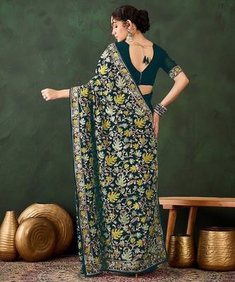 Teal embroidered saree with blouse piece 3