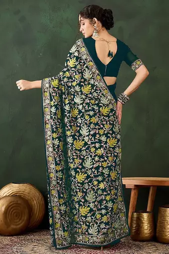 Teal embroidered saree with blouse piece