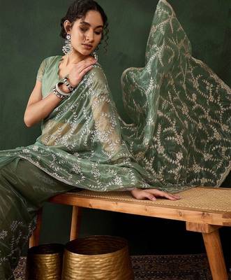 Sea green embroidered saree with blouse piece 1