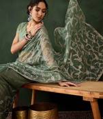 Sea green embroidered saree with blouse piece
