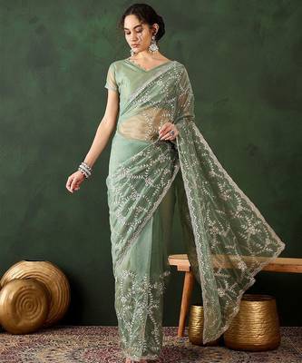 Sea green embroidered saree with blouse piece 2