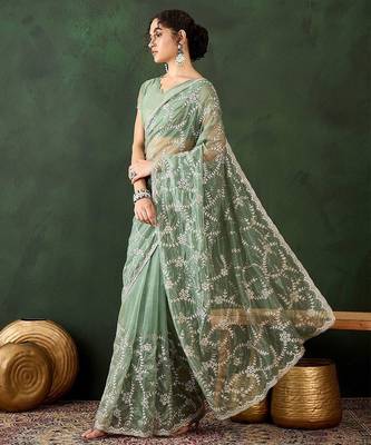 Sea green embroidered saree with blouse piece 3