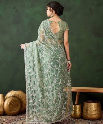 Sea green embroidered saree with blouse piece 4
