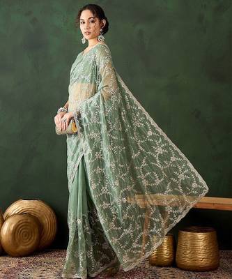 Sea green embroidered saree with blouse piece 5