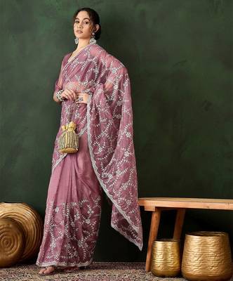 Pink floral embroidered saree with blouse piece 1