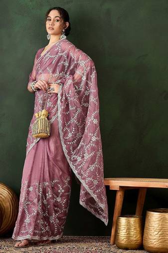 Pink floral embroidered saree with blouse piece