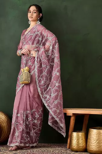 Pink floral embroidered saree with blouse piece