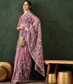 Pink floral embroidered saree with blouse piece