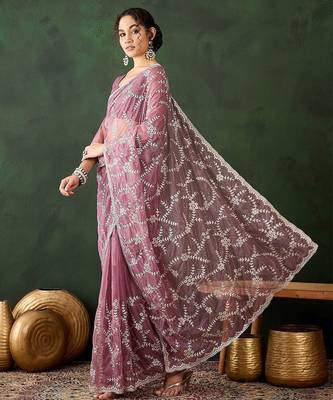Pink floral embroidered saree with blouse piece 2
