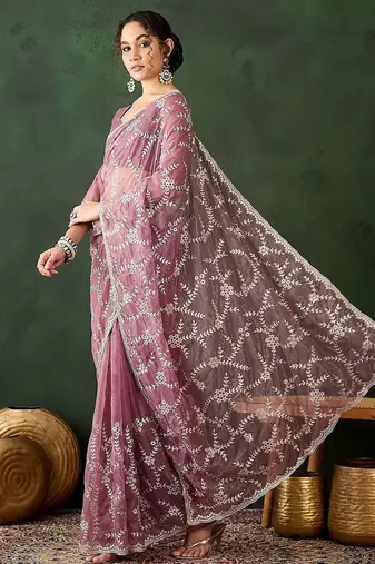 Pink floral embroidered saree with blouse piece