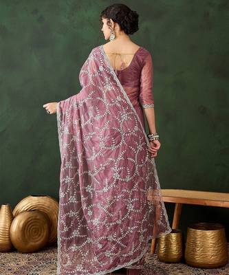 Pink floral embroidered saree with blouse piece 3