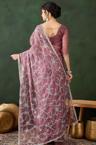 Pink floral embroidered saree with blouse piece