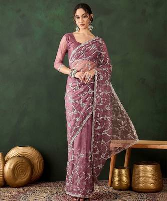 Pink floral embroidered saree with blouse piece 4