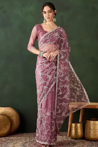 Pink floral embroidered saree with blouse piece