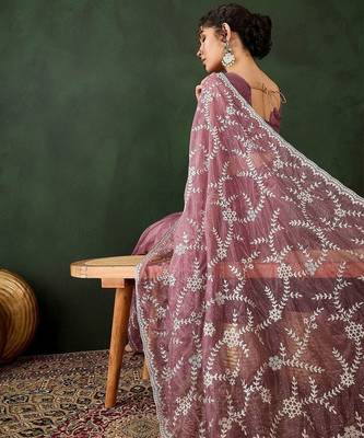 Pink floral embroidered saree with blouse piece 5