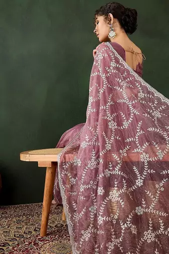 Pink floral embroidered saree with blouse piece