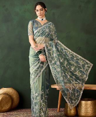 Teal ethnic motif embroidered saree with blouse piece 2