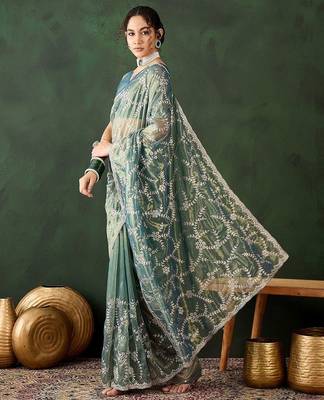 Teal ethnic motif embroidered saree with blouse piece 3