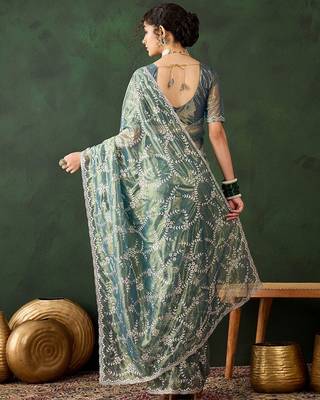 Teal ethnic motif embroidered saree with blouse piece 4