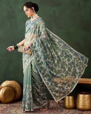 Teal ethnic motif embroidered saree with blouse piece 5