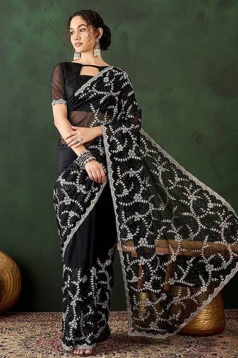 Black embroidered saree with blouse piece