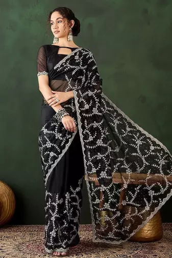 Black embroidered saree with blouse piece