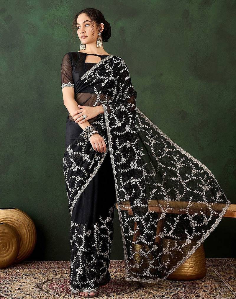 Black embroidered saree with blouse piece
