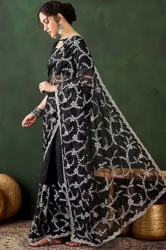 Black embroidered saree with blouse piece