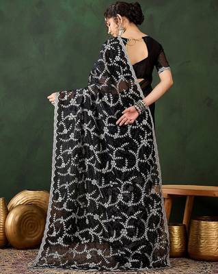 Black embroidered saree with blouse piece 3