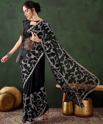 Black embroidered saree with blouse piece 4