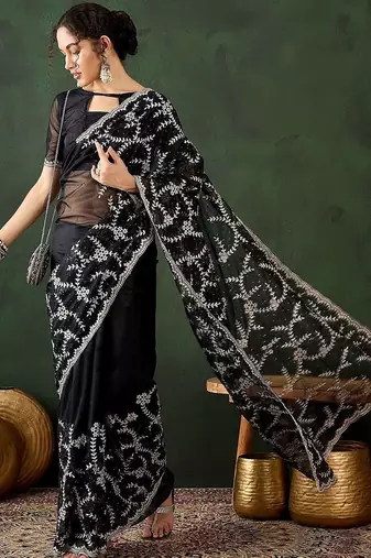 Black embroidered saree with blouse piece