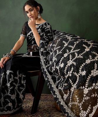 Black embroidered saree with blouse piece 5