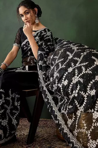 Black embroidered saree with blouse piece