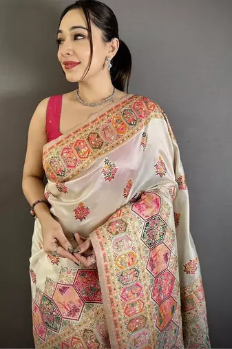 Off white woven design silk blend handloom jamdani saree