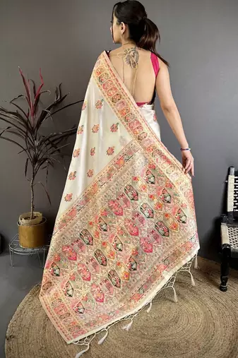 Off white woven design silk blend handloom jamdani saree