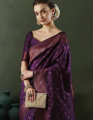 Purple woven design banarasi saree with blouse piece 1