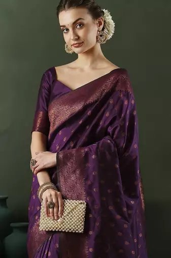 Purple woven design banarasi saree with blouse piece