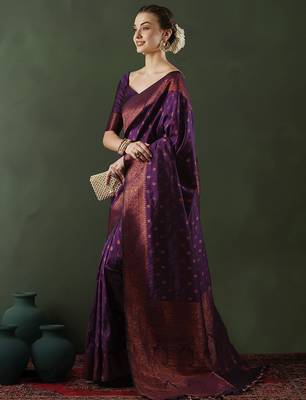 Purple woven design banarasi saree with blouse piece 3