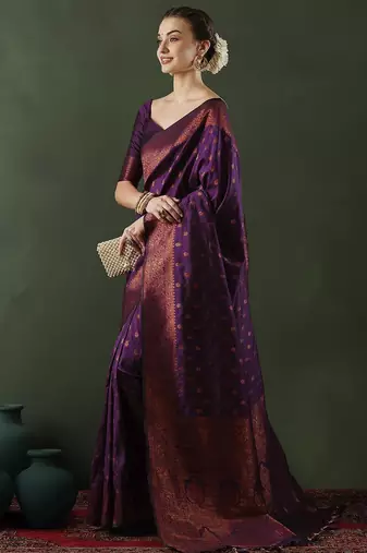 Purple woven design banarasi saree with blouse piece