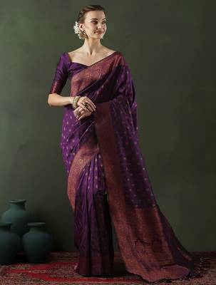 Purple woven design banarasi saree with blouse piece 4