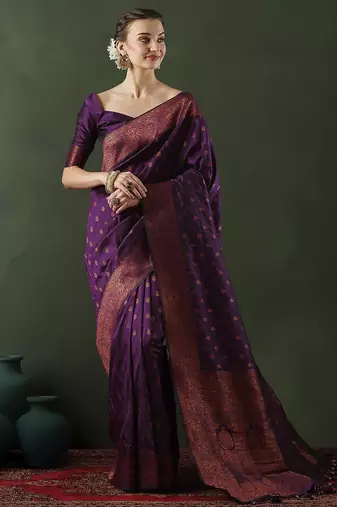 Purple woven design banarasi saree with blouse piece