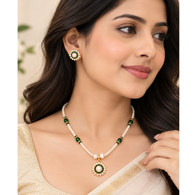 Natural pearls Set with green onyx stones pendant set  4